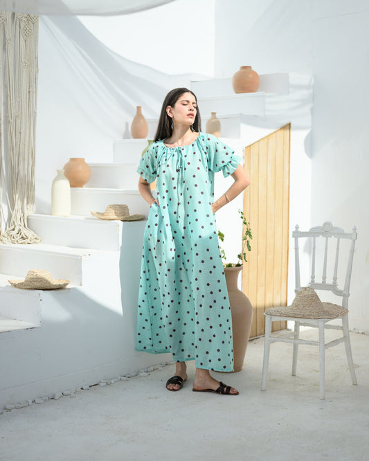 Polka Mint Green Linen Maxi Dress
