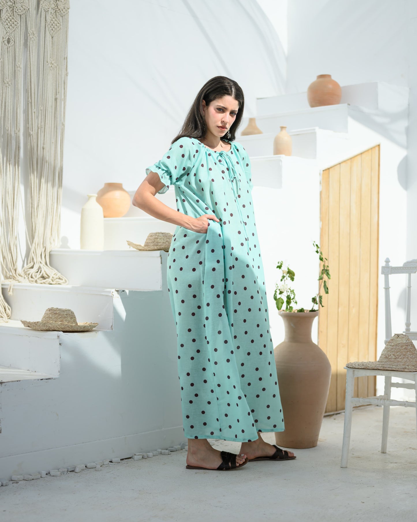 Polka Mint Green Linen Maxi Dress