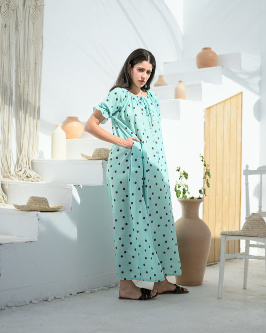 Polka Mint Green Linen Maxi Dress