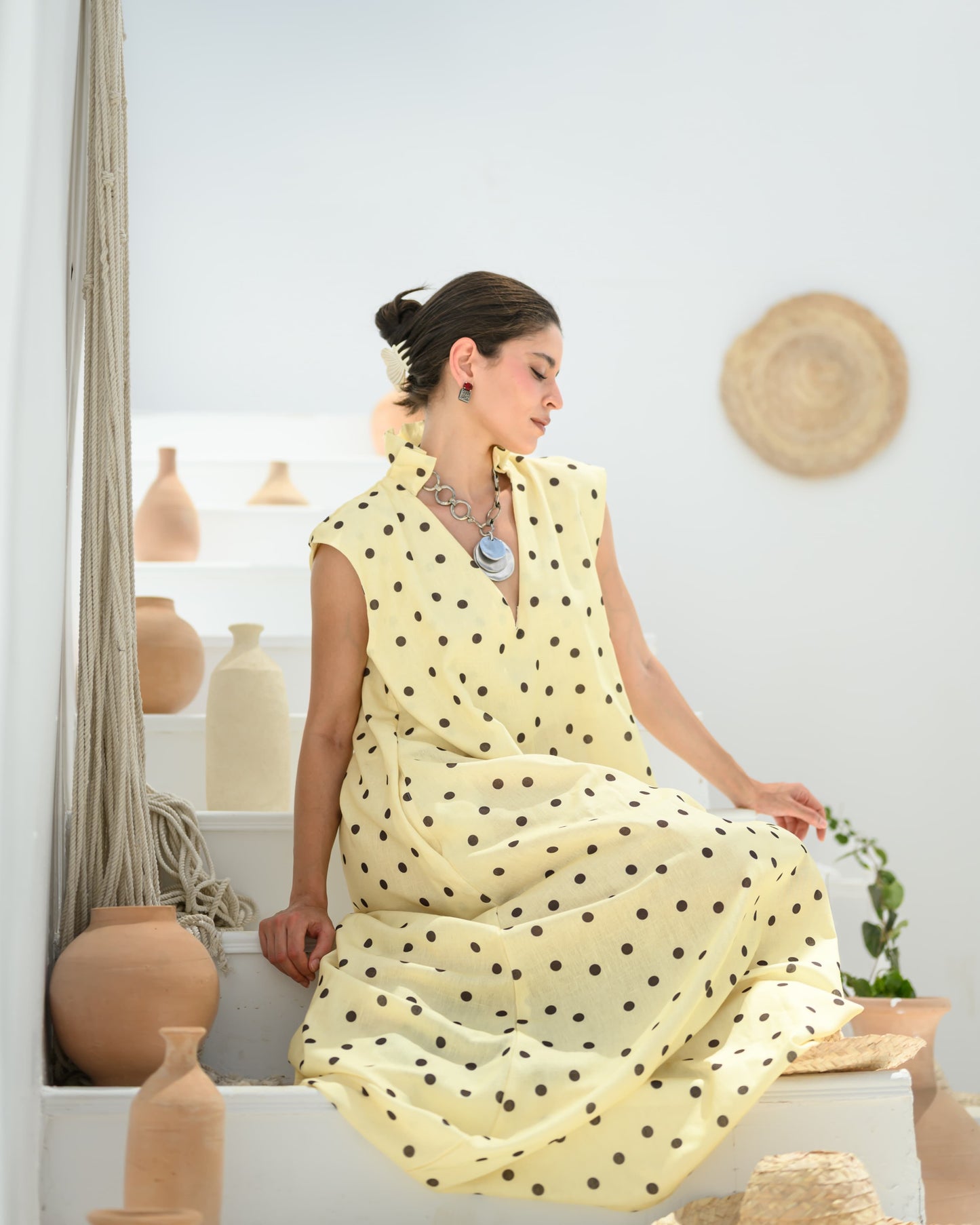 "Polka Butter Yellow " Linen dress.