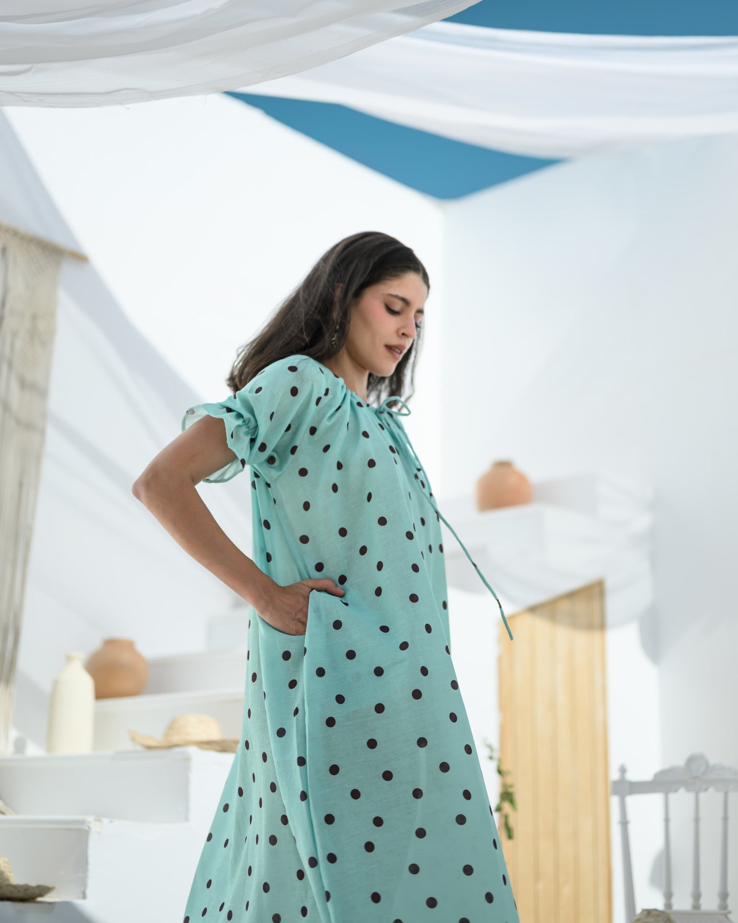 Polka Mint Green Linen Maxi Dress