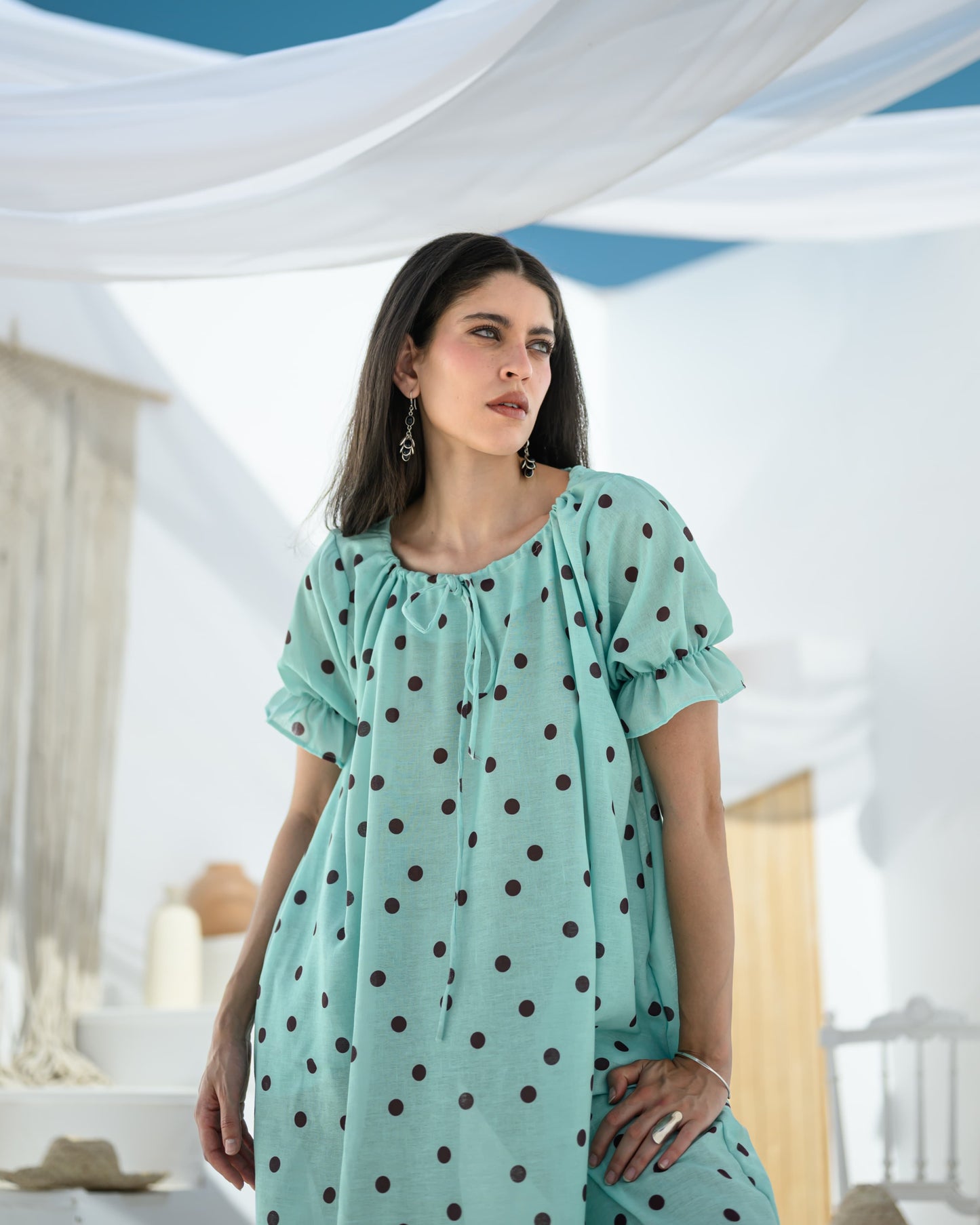 Polka Mint Green Linen Maxi Dress